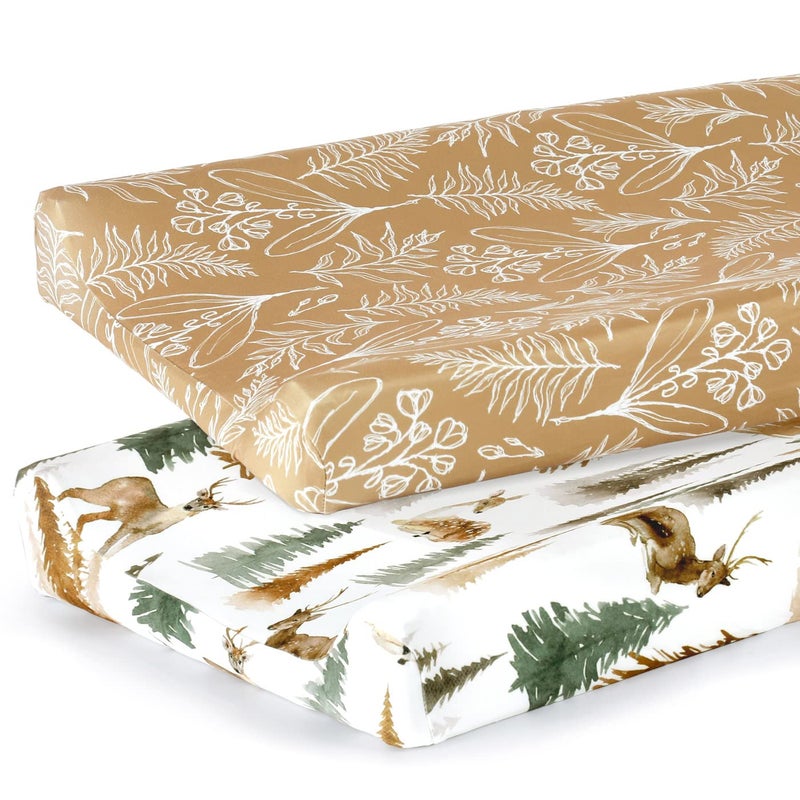 GRSSDER Stretch Ultra Soft Jersey Knit Changing Pad Cover Set 2 Pack, Change Table Pad Covers Fit 32"/34" x 16" Pads Safe and Snug, Stylish Jungle Deer Pattern for Baby - Image 1